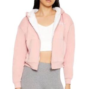 New Forever 21 F21 Sugarkiss Fleece Faux Shearling Jacket Hoodie Cropped Small